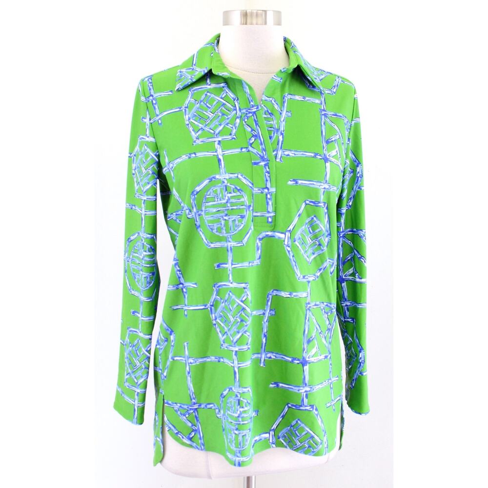 Jude Connally Hadley Green Blue Bamboo Geometric Print Jude Cloth Top Blouse XS